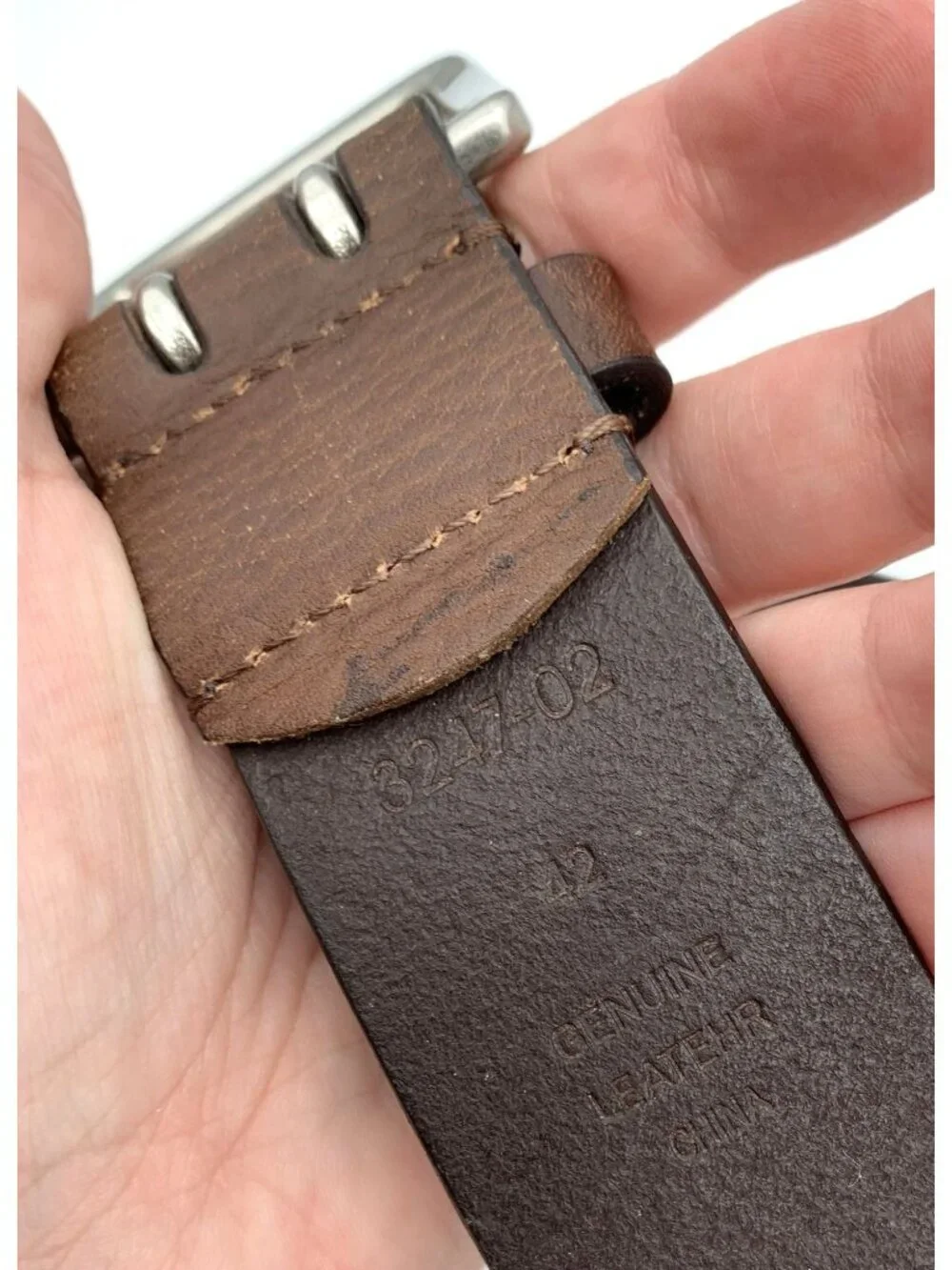 Genuine Leather Brown Belt With Double Hole Buckle Size 42 Accent Stitching